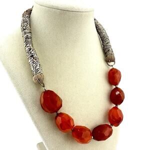 Artisan Boho Chunky Faceted Red Agate Carnelian Beaded Taupe Fabric 37” Necklace